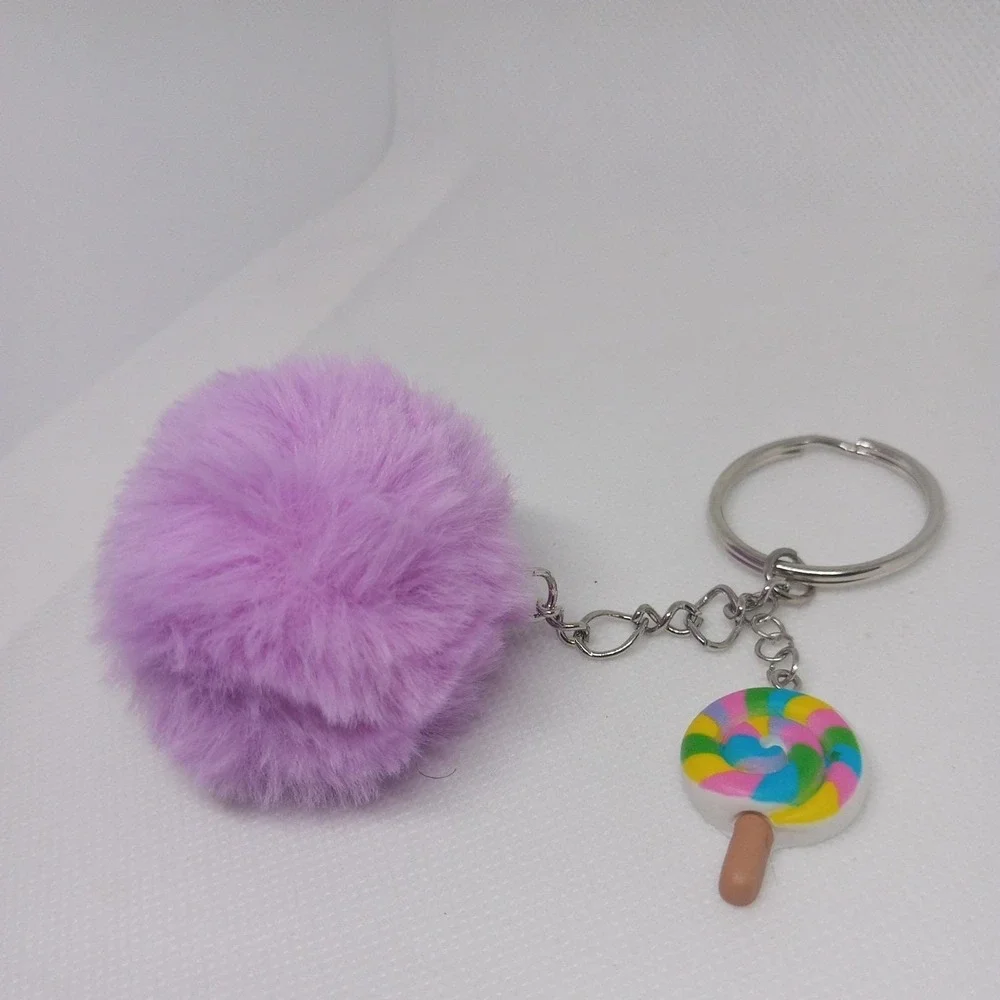 Cute Hand Made Mini Lolipop With Purple Pom Pom Keychain Bag charms